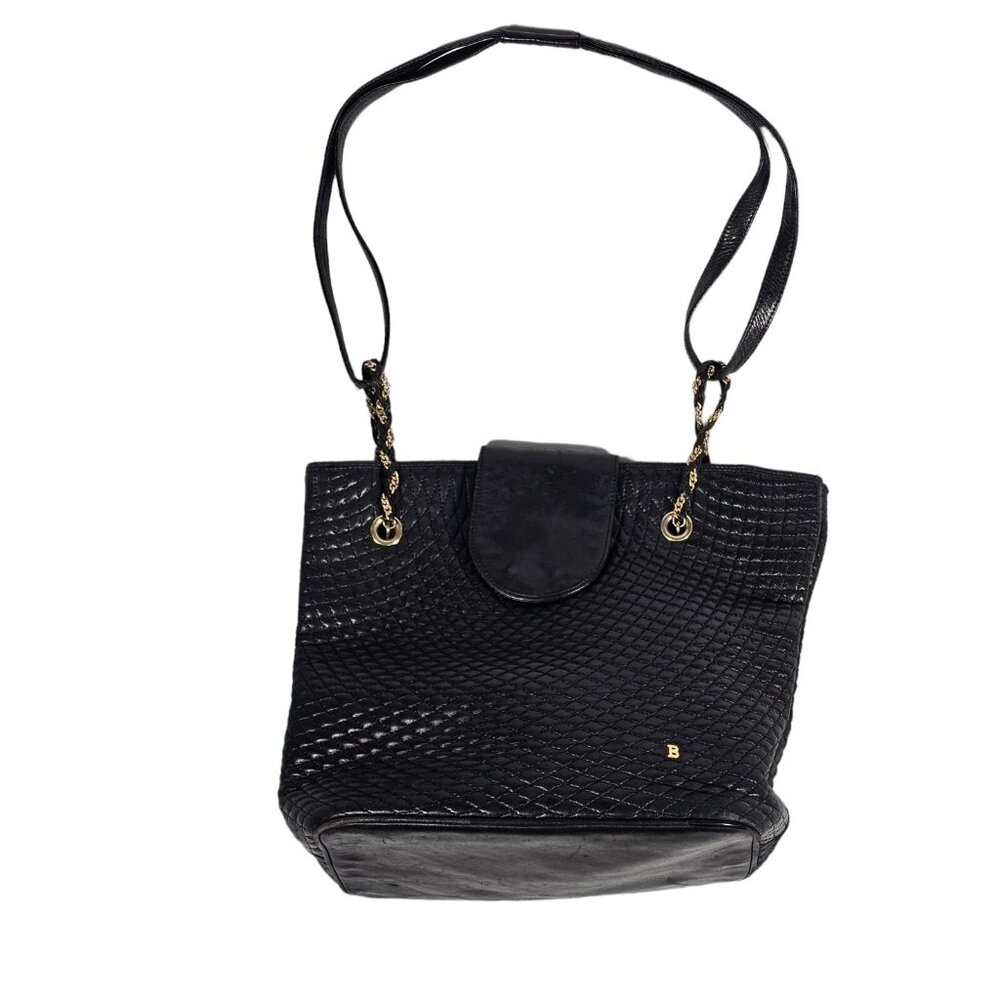 Bally Quilted Black Leather Shoulder Bag Chain Accents Leather Strap